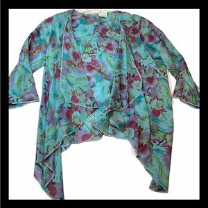 CLICK by Color Me Cotton AQUA floral CARDIGAN ART to Wear OPEN Front CUPRORAYON